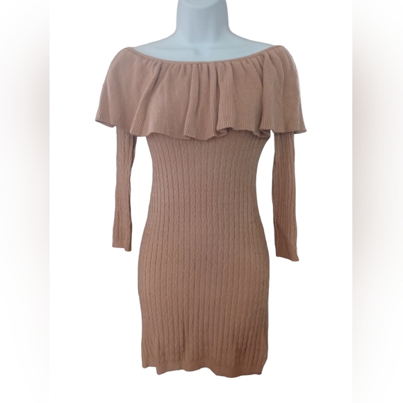 NWT Olivaceous Soft Ribbed Knit Off Shoulder Ruffle Cashmere Blend Mini Dress - Picture 1 of 7